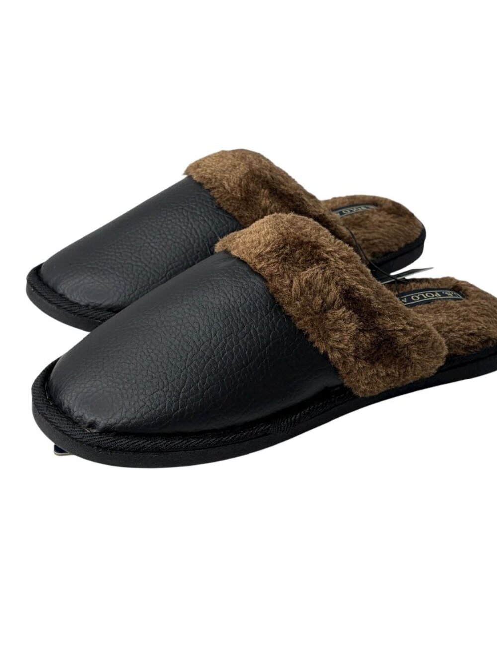 NWT U.S. Polo Assn Men’s Slippers Size M 9/10 Black Faux Leather Faux Fur Scuff